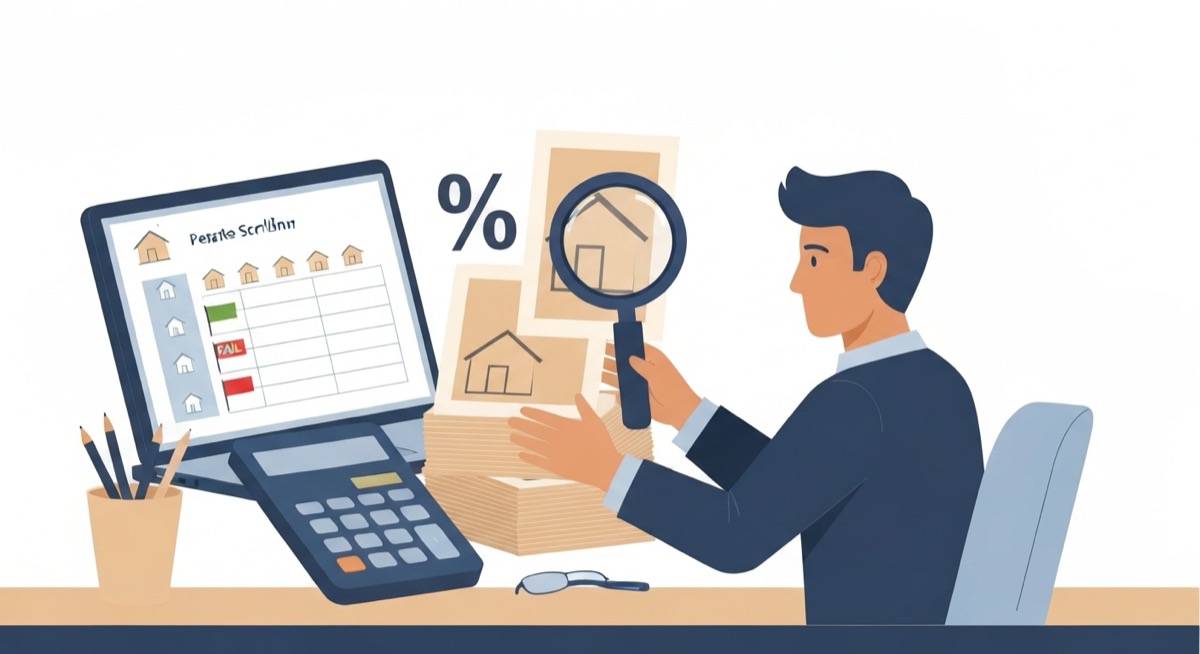 Flat illustration of a real estate investor at a desk screening house listing cards, a laptop showing a spreadsheet with green and red pass and fail flags beside small house icons, a percent symbol and magnifying glass over one house, and a calculator