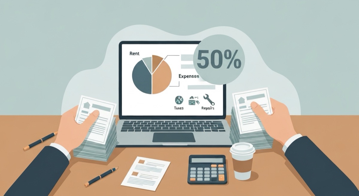 Flat illustration of a real estate investor at a desk comparing house listing cards, a laptop showing a spreadsheet pie chart split between rent and expenses with a 50 percent badge and icons for taxes and repairs, beside a calculator and coffee cup