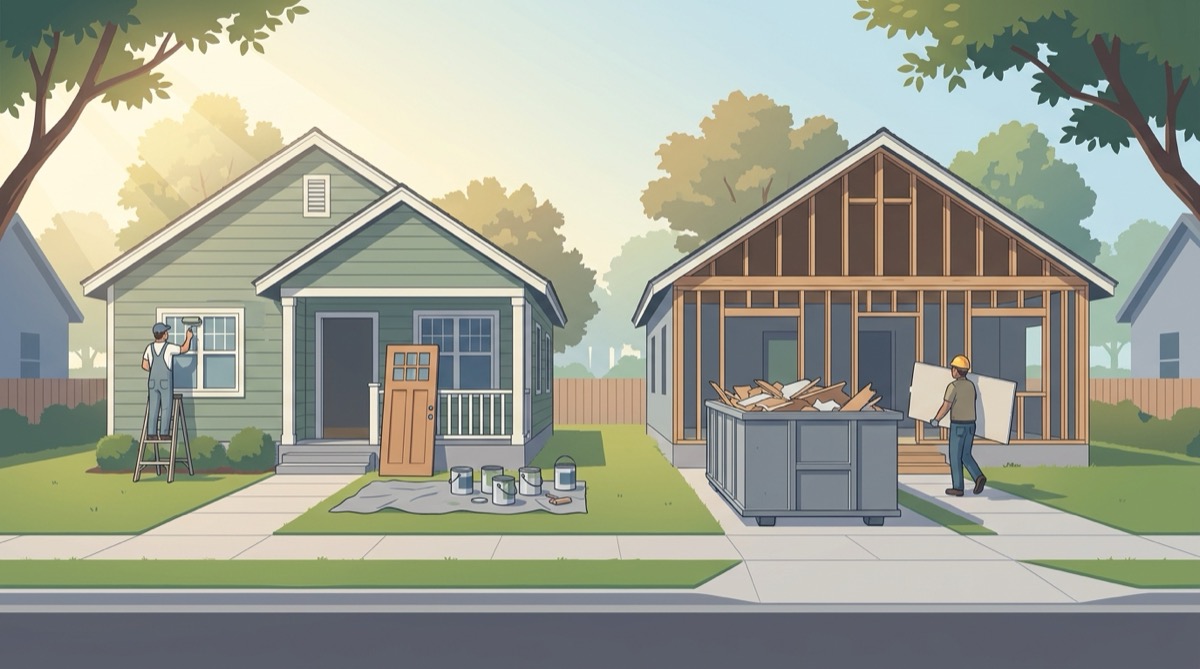 Illustration of two small houses side by side on one street, the left getting fresh sage green paint and a new front door, the right gutted to bare wooden studs with a dumpster of debris and a worker carrying drywall