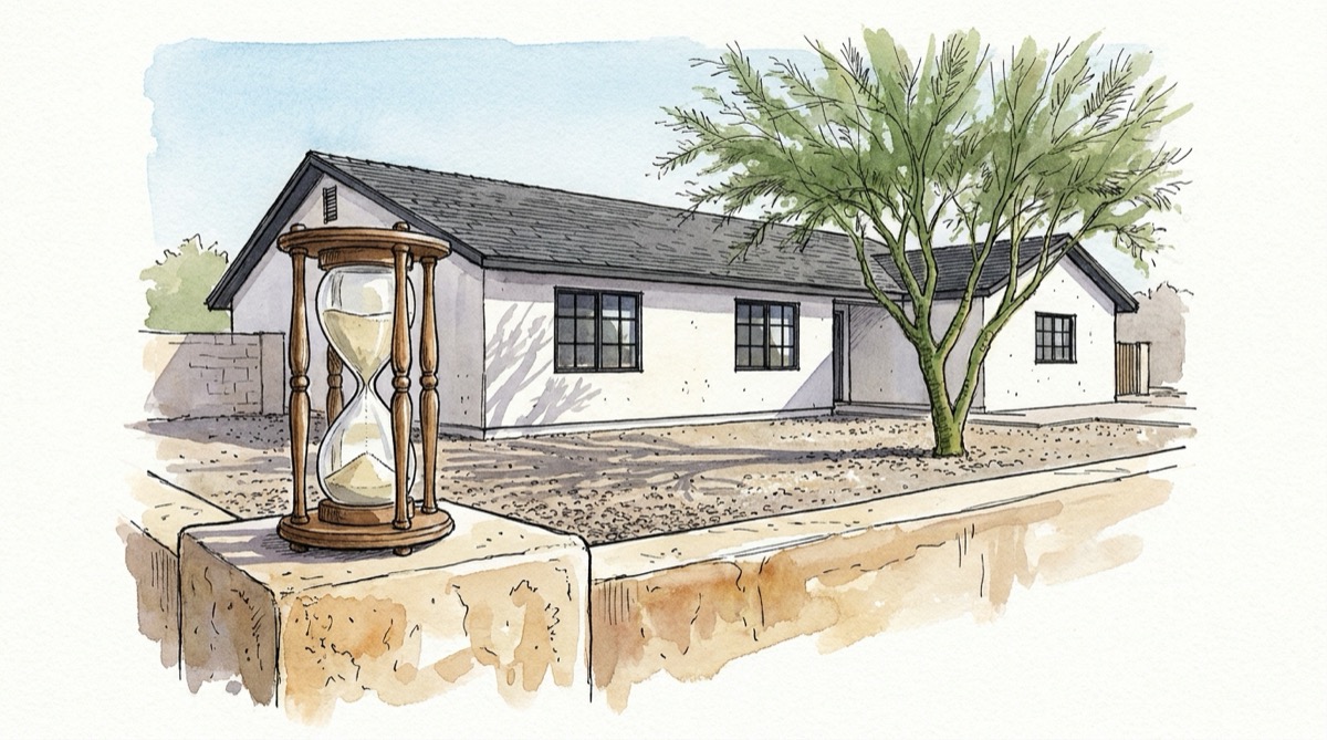 Ink and watercolor illustration of an antique hourglass on a stucco garden wall in front of a renovated single-story ranch house with a palo verde tree in the Arizona desert