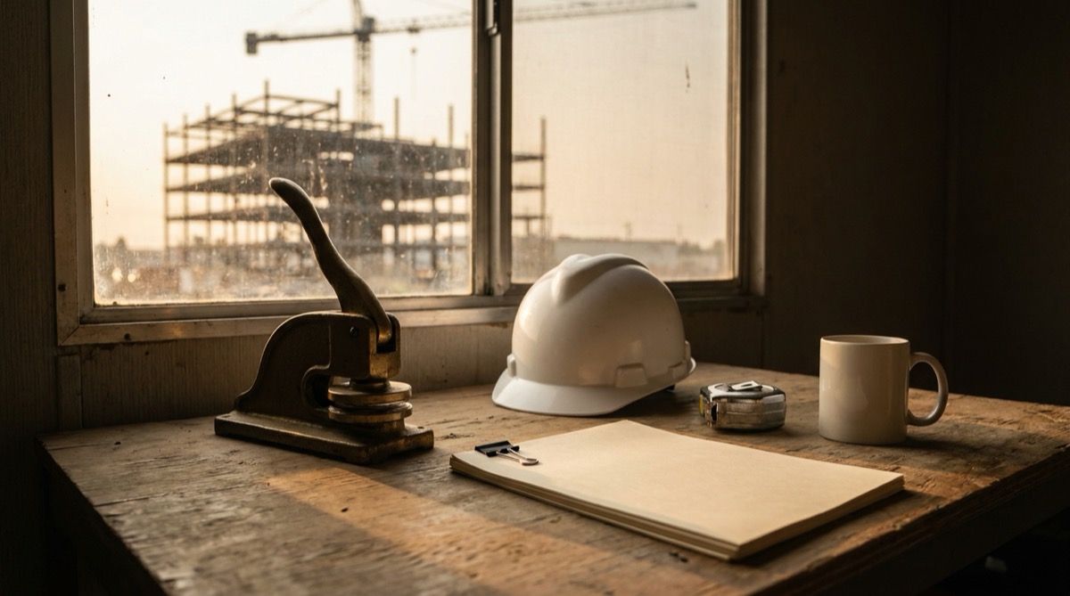 Brass notary embossing seal, white hard hat and a face-down stack of paper on a site office desk, with a steel-frame building and tower crane outside the window
