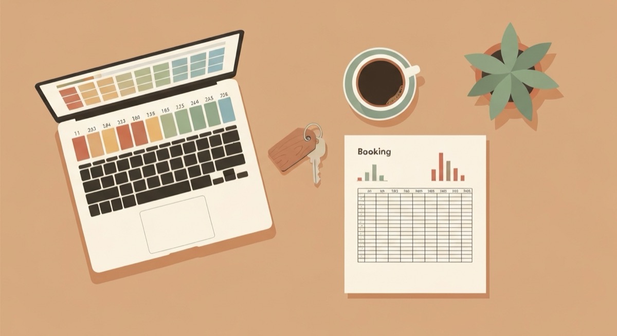Top-down view of a short-term rental host's desk with a calendar laptop, booking log spreadsheet, property keys, and coffee cup
