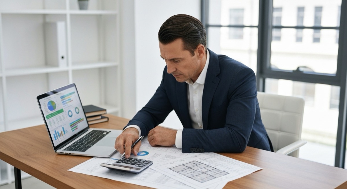 Real estate investor analyzing multifamily property financials using Excel spreadsheet with building blueprints