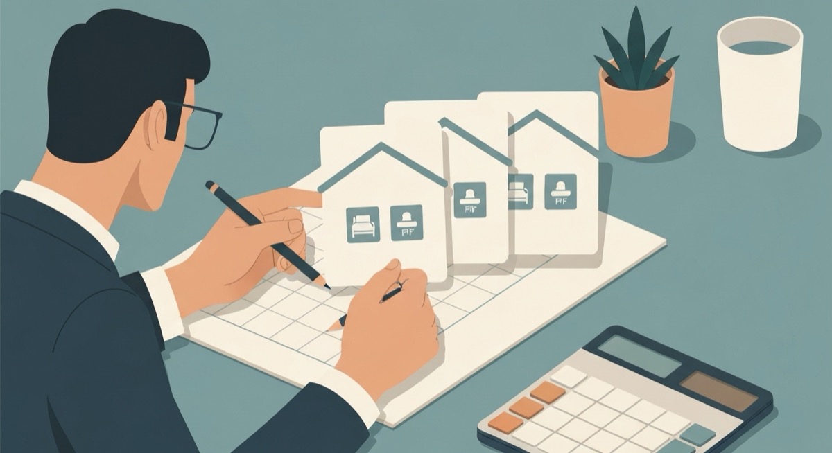 Flat illustration of a real estate investor comparing three house comp cards with bedroom and bathroom icons over a spreadsheet grid and calculator, representing an ARV comps adjustment grid in Excel