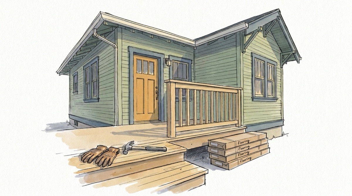 Ink and watercolor illustration of a renovated green craftsman house with a new porch railing, work gloves and a hammer on the step and boxes of flooring stacked beside it