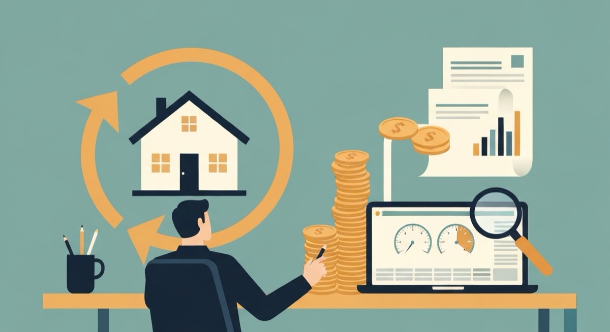 Flat illustration of a real estate investor at a desk reviewing a BRRRR refinance, with a renovated house inside a refresh-cycle arrow, coins flowing to a laptop showing a spreadsheet with two gauge dials and a bar chart, and an appraisal document under a magnifying glass