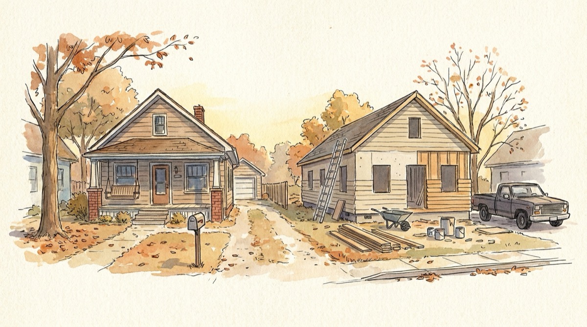 Ink and watercolor illustration of two small houses side by side on an autumn street, a tidy older bungalow with a porch swing and mailbox on the left and a house under renovation on the right with a ladder, wheelbarrow, stacked lumber, paint cans and a pickup truck at the curb