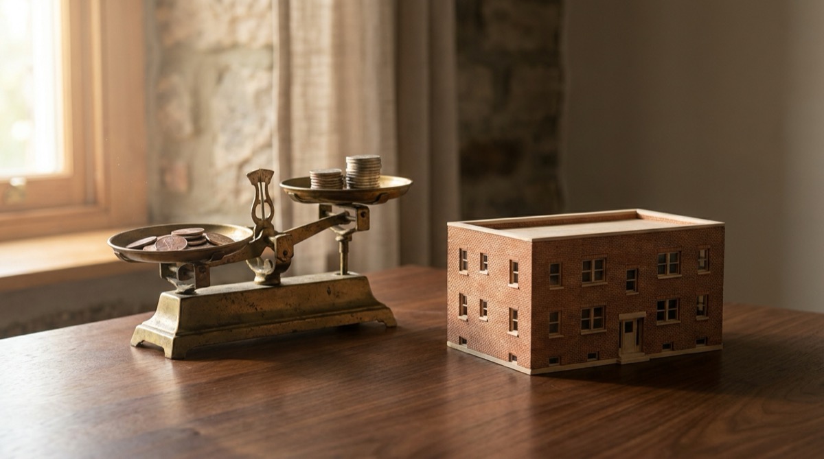 Basswood model of a two story brick apartment building on a walnut desk beside an antique brass balance scale holding stacks of copper and silver coins