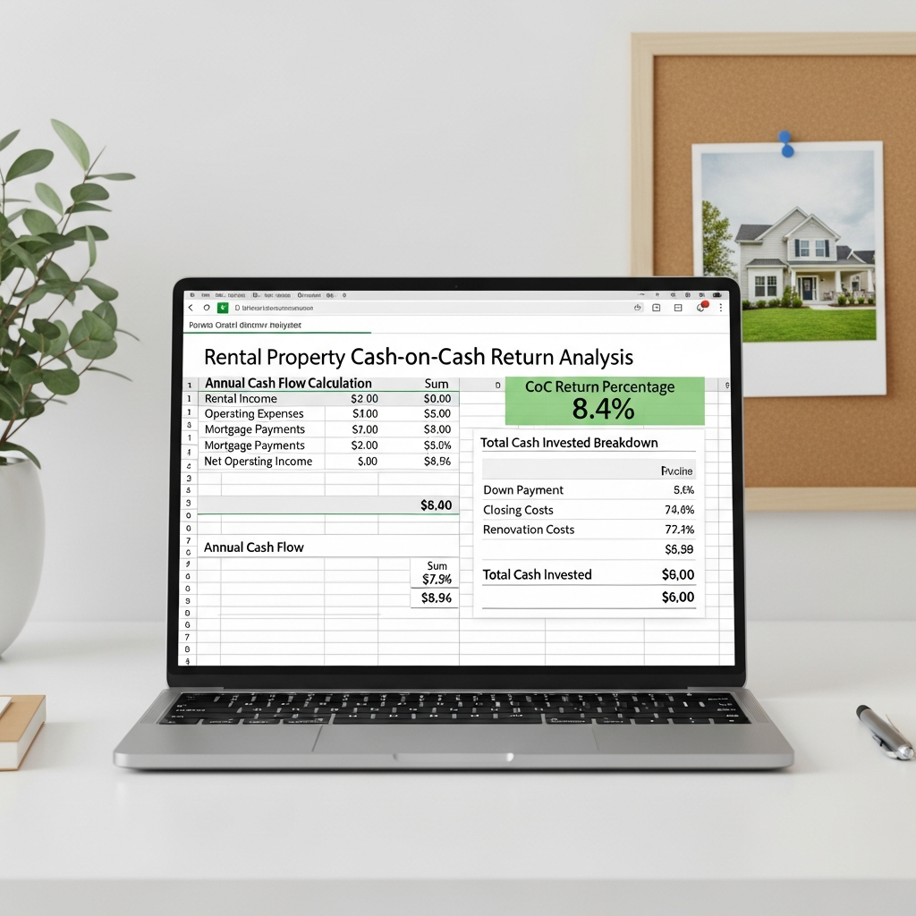 Excel spreadsheet showing rental property cash-on-cash return calculation with annual cash flow and total cash invested breakdown