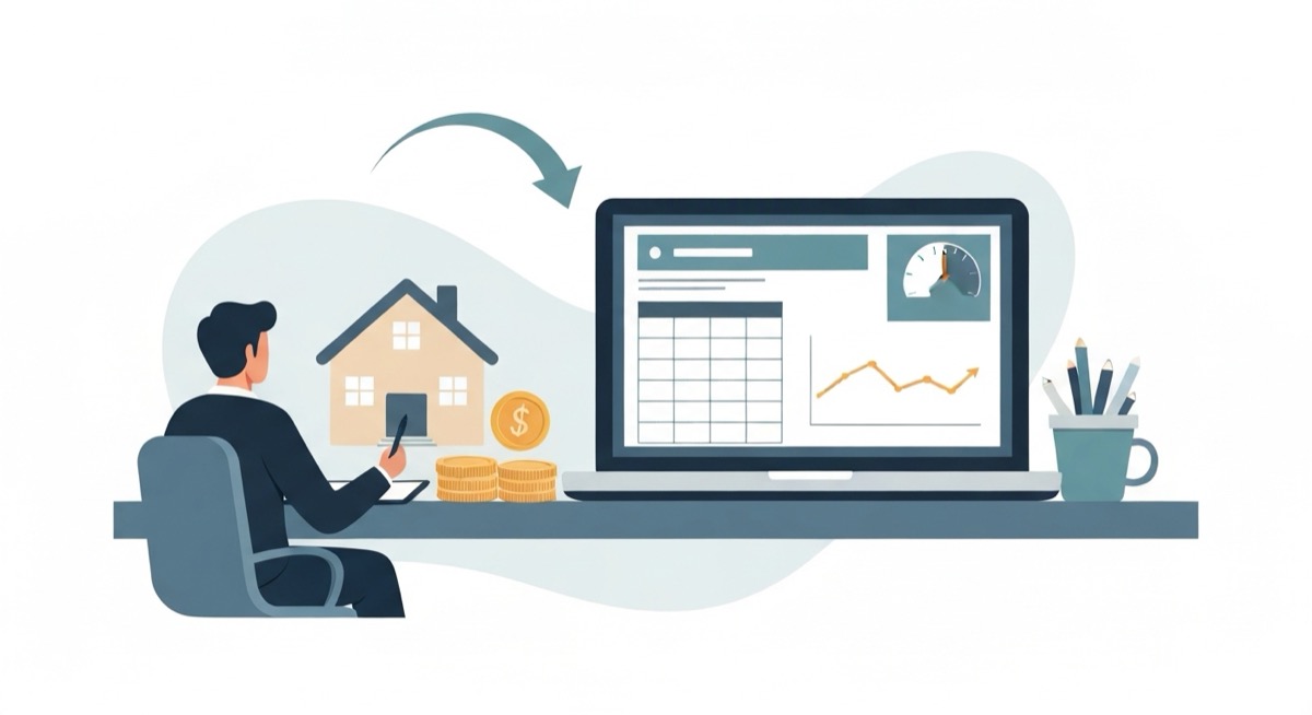 Flat illustration of a real estate investor at a desk reviewing a rental house cash-out refinance, with stacked coins for equity, a laptop showing a spreadsheet with a gauge dial and a rising line chart, and a curved arrow from the house to the laptop screen