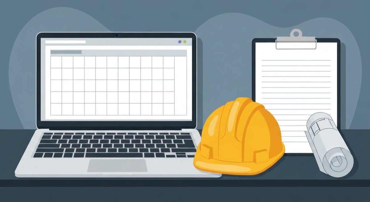 Flat illustration of a construction office desk with a laptop showing a blank payroll spreadsheet, a yellow hard hat, a clipboard, and a rolled blueprint