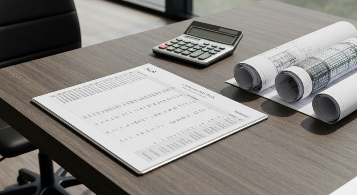 Commercial real estate spreadsheet with NOI calculations on modern office desk with calculator and building blueprints