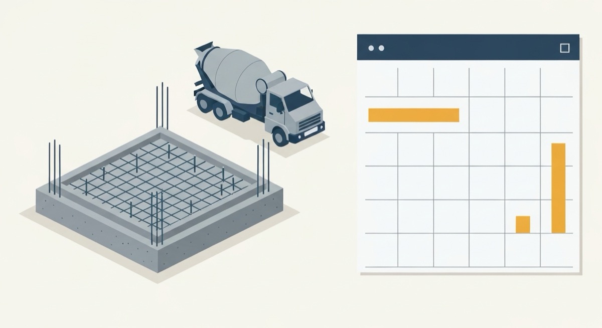 Flat illustration of a rebar-reinforced concrete slab foundation with corner dowels next to a ready-mix concrete truck and a spreadsheet panel with gold chart bars, representing a concrete estimating spreadsheet in Excel