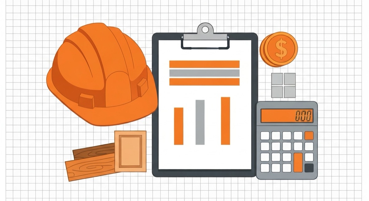 Flat minimalist illustration of construction allowance tracking: an orange hard hat, a clipboard with a budget versus actual comparison chart, wood flooring and tile finish swatches, dollar coins, and a calculator over a faint spreadsheet grid
