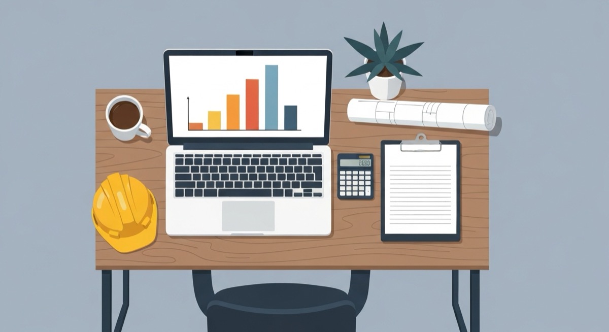 Flat illustration of a contractor desk with a laptop showing a bar chart of booked work, a hard hat, a calculator, a rolled blueprint, and a clipboard job list