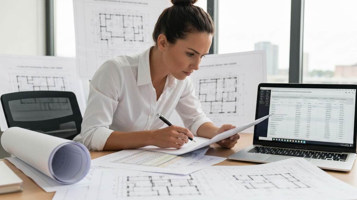 Construction project manager reviewing multiple contractor bid documents and comparing them in a spreadsheet on a laptop in a professional office