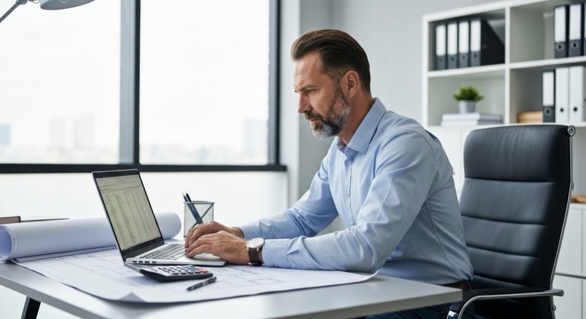 Construction contractor analyzing bid proposal spreadsheet in Excel with blueprints and tools on desk