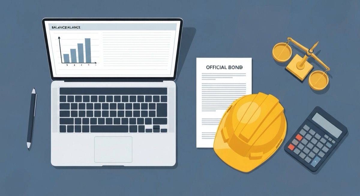 Flat illustration of a contractor desk with a laptop showing a financial balance sheet, a bond certificate, a hard hat, a calculator, and a balance scale