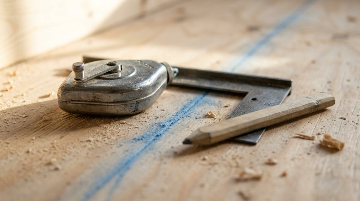 Chalk line reel, framing square and carpenter pencil on a plywood subfloor with a snapped blue chalk line, the fixed baseline of a construction budget