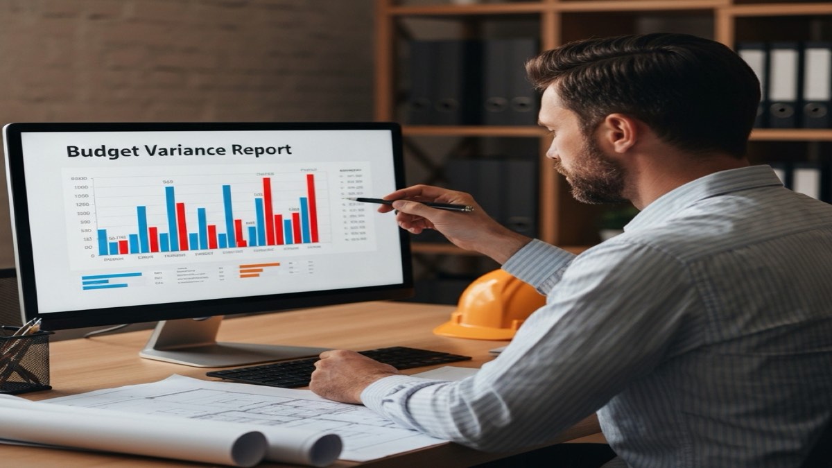 Construction project manager analyzing budget variance spreadsheet on laptop with charts showing cost overruns and schedule performance