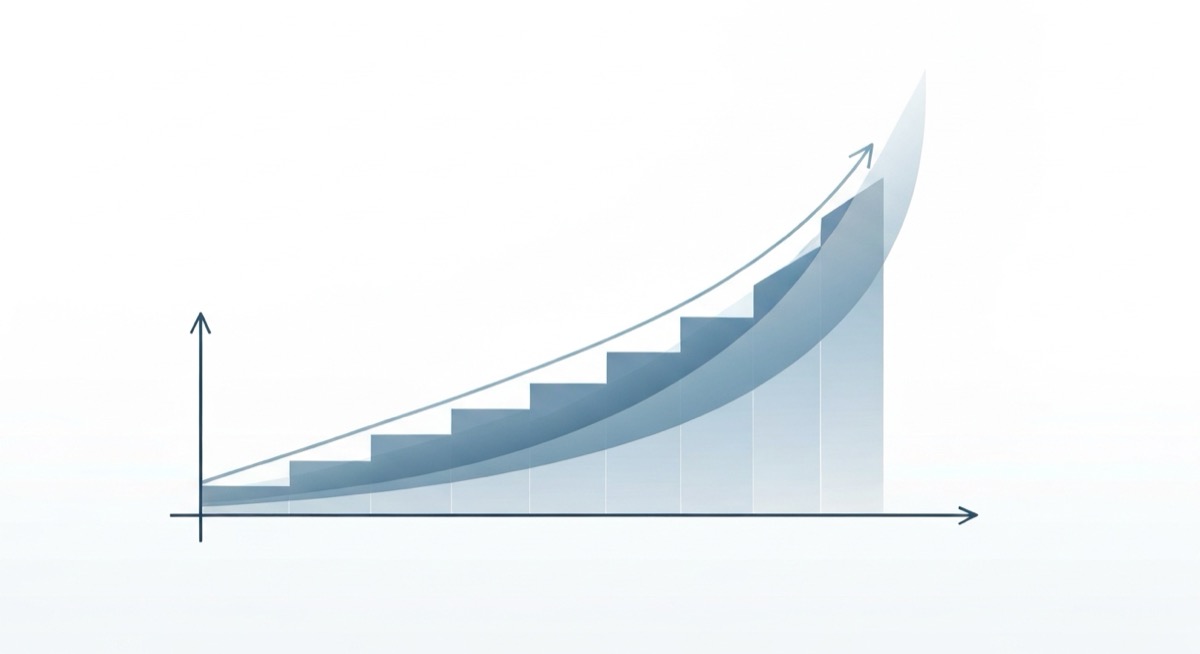 Editorial illustration of a construction project S-curve cumulative spend chart on a clean spreadsheet grid