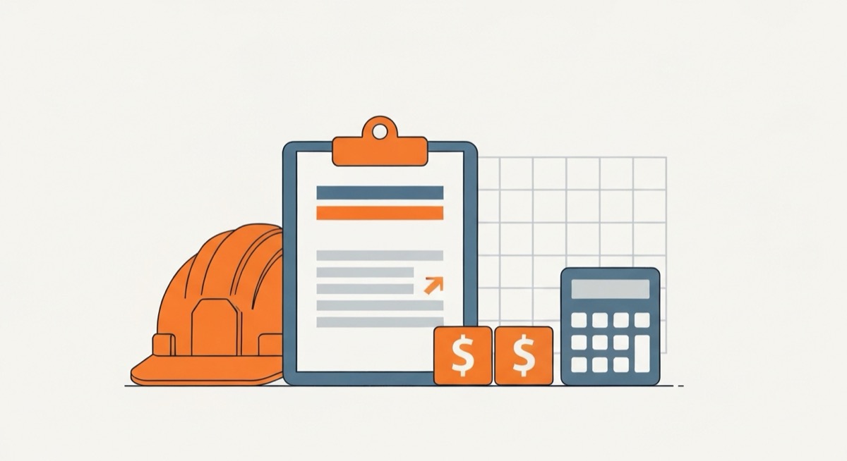 Flat minimalist illustration of a construction change order concept: an orange hard hat, a clipboard document with an upward cost arrow, dollar-sign blocks, a calculator, and a faint spreadsheet grid