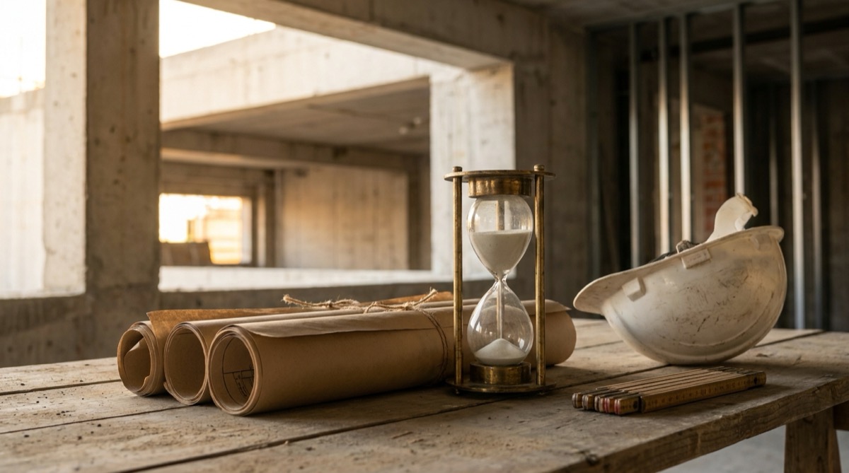 Brass hourglass on rolled blueprints beside a hard hat on a jobsite table, the deadline behind construction change order tracking in Excel