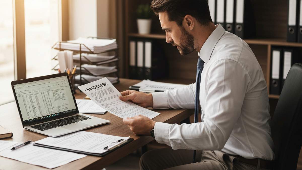 Construction manager reviewing change order documents with Excel spreadsheet on laptop