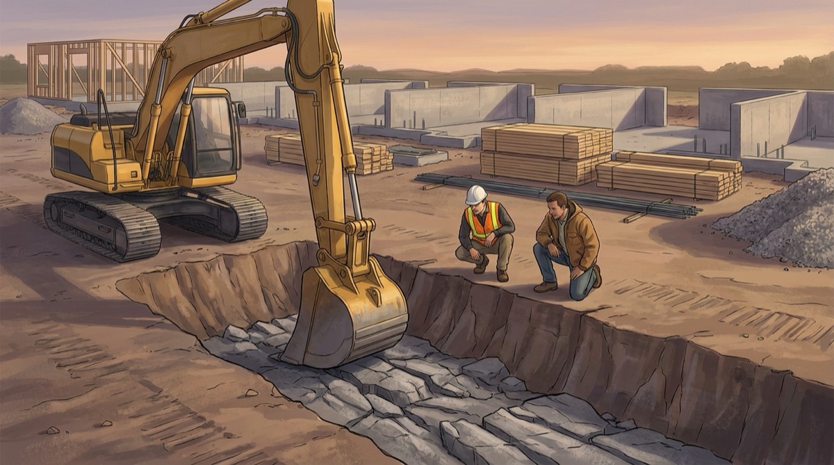 Illustration of an excavator stopped against exposed gray bedrock in a utility trench while a superintendent and a developer crouch at the edge to examine it, with concrete foundations and stacked lumber behind them