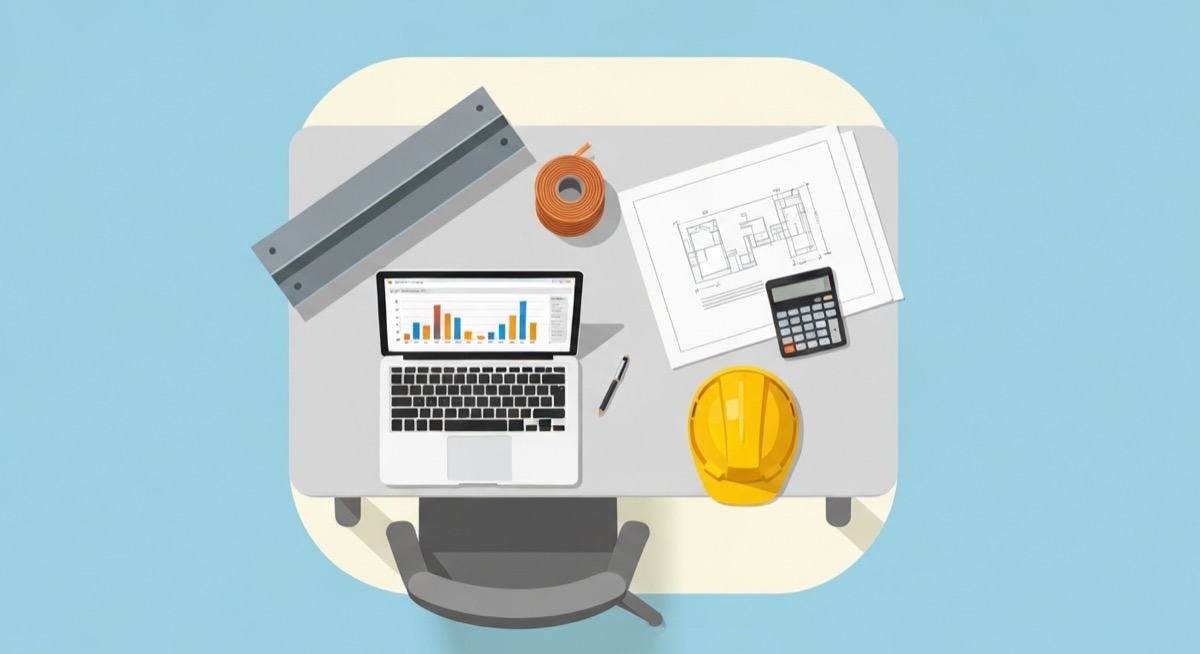 Top-down illustration of a construction estimator's desk with a laptop showing an Excel cost chart, a steel beam, a coil of copper wire, blueprints, a calculator, and a yellow hardhat