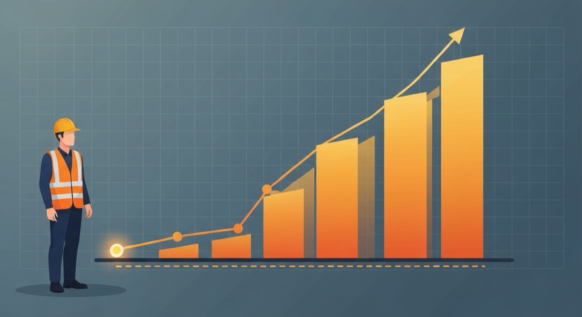Flat illustration of a construction worker in a hard hat and orange safety vest beside a rising line graph that dips at an early glowing warning point then climbs above a flat dashed baseline over gold columns, representing a construction crew productivity rate tracker in Excel