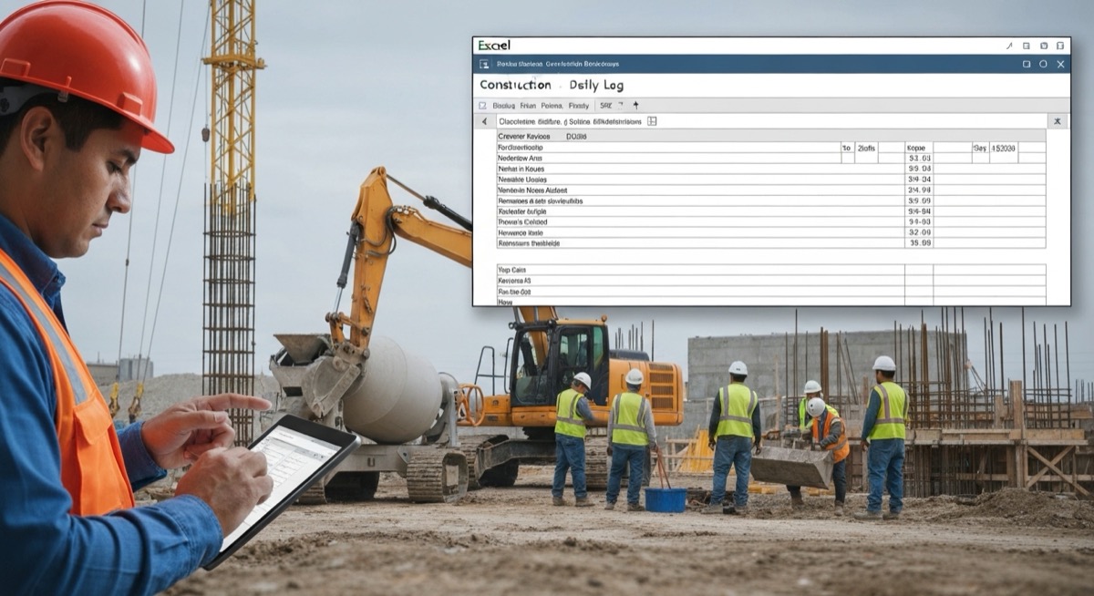 Construction foreman using digital daily log template Excel system on job site with equipment and workers