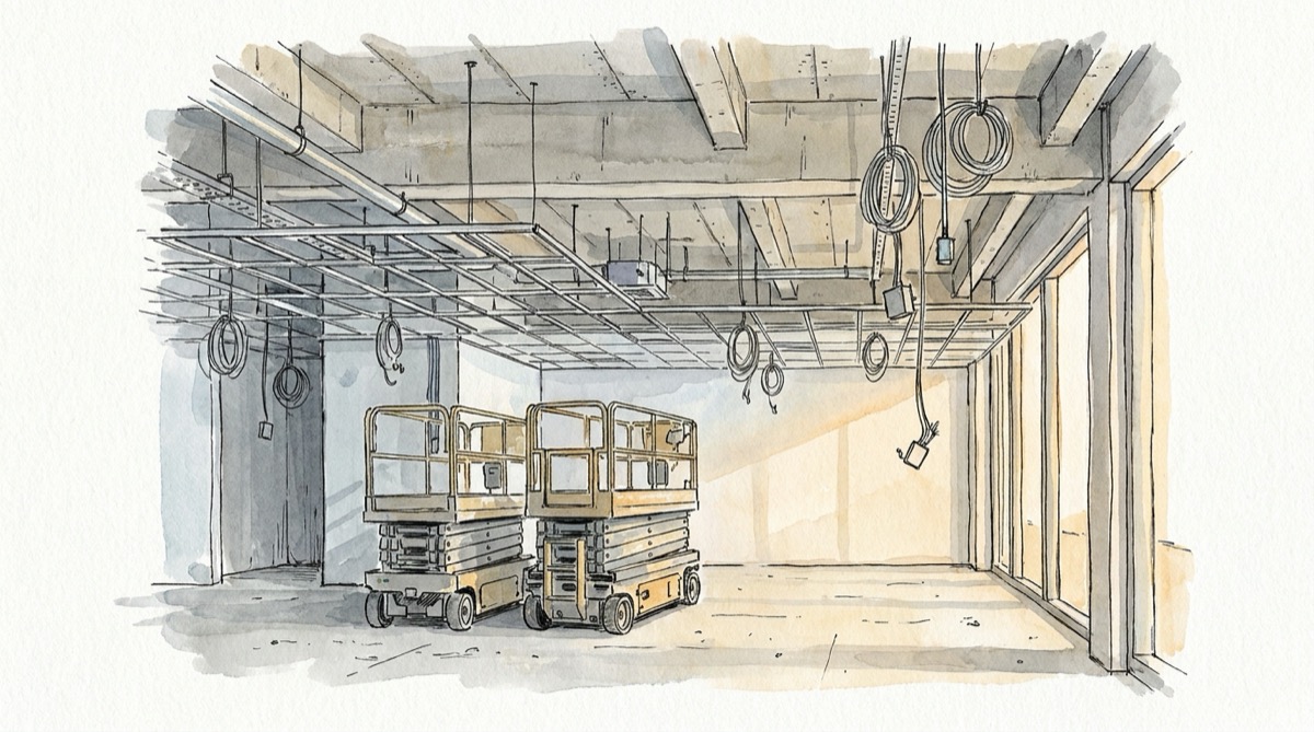 Ink and watercolor illustration of an unfinished commercial interior with an empty suspended ceiling grid, coils of electrical cable hanging from the deck and two idle scissor lifts parked on a bare concrete floor