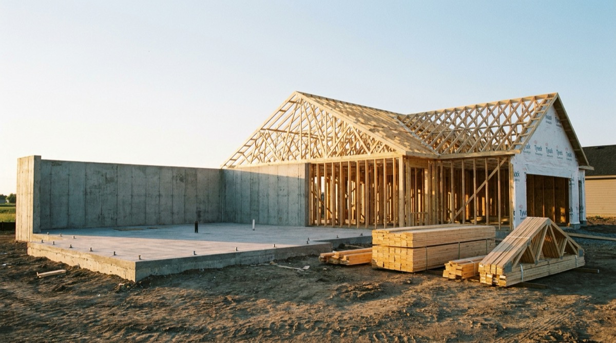 Single-family house under construction with a poured concrete foundation beside completed wood framing and roof trusses, stacked lumber on the lot