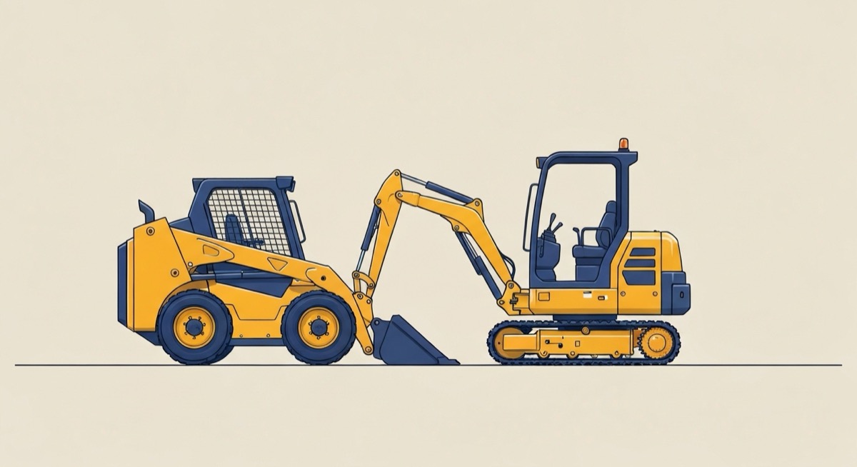 Yellow skid steer loader and mini excavator side view illustration representing a construction equipment fleet