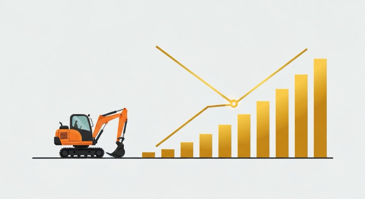 Flat illustration of an orange mini excavator on tracks beside an abstract chart where a rising rental-cost line crosses a flat ownership-cost line at a highlighted break-even point with gold bars, representing a construction equipment rental vs buy calculator in Excel