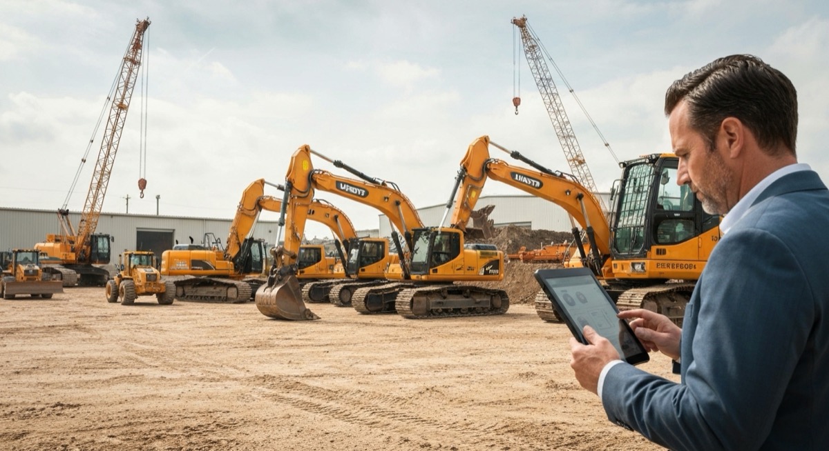 Construction equipment tracking with project manager using digital tablet to monitor heavy machinery including excavators and bulldozers at organized job site