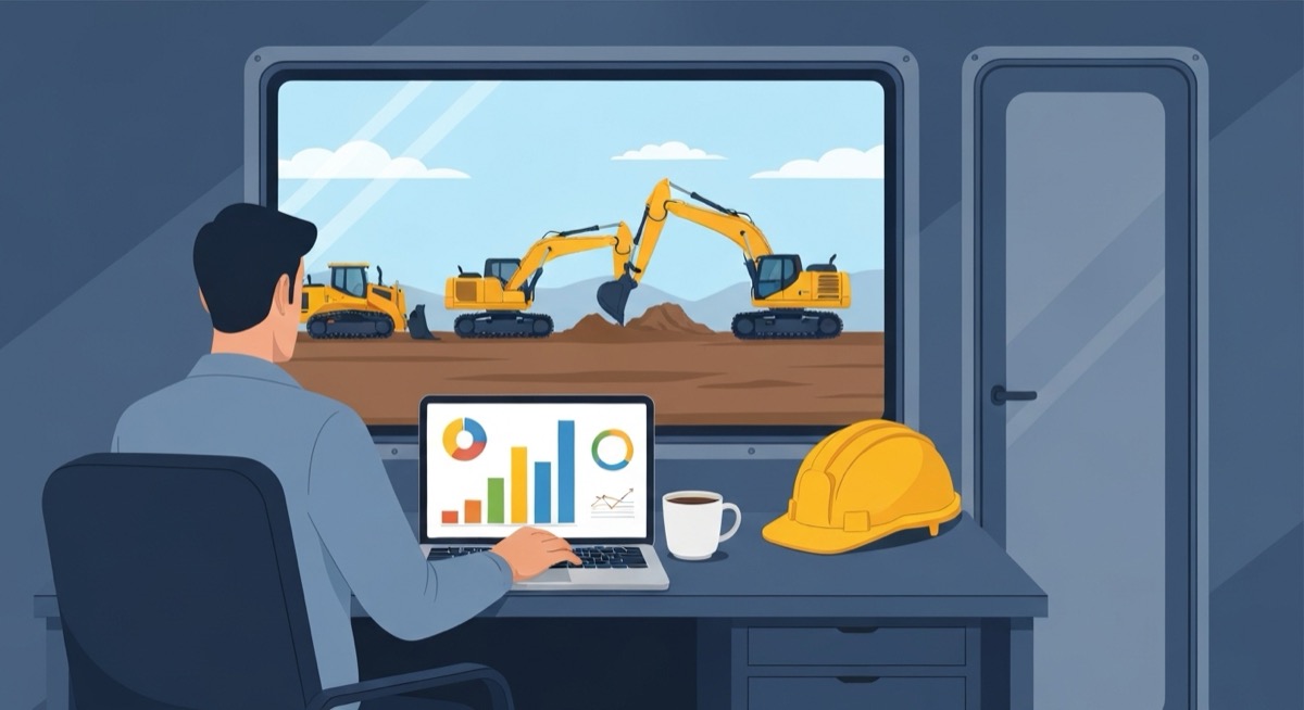 Flat illustration of a construction fleet manager at a job-site trailer desk viewing a laptop that shows bar and pie charts of equipment utilization, with a yellow excavator, a bulldozer, and a compact track loader parked in the equipment yard visible through the window, and a yellow hard hat and coffee mug on the desk