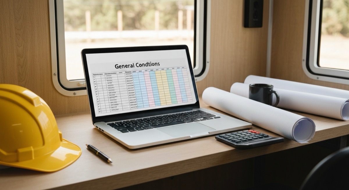 Construction estimator's jobsite trailer desk with a laptop showing a color-coded general conditions estimate spreadsheet, yellow hard hat, rolled blueprints, and a calculator