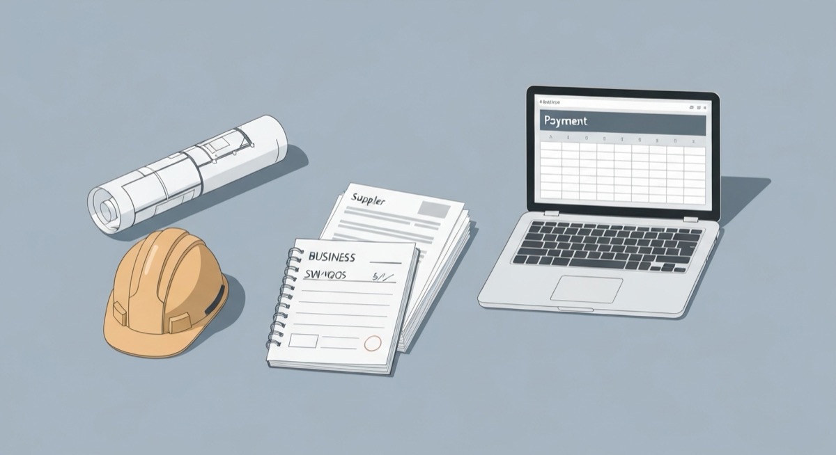 Construction office desk with a business checkbook, supplier invoices, a blueprint, a hard hat, and a laptop showing a joint check payment tracking spreadsheet