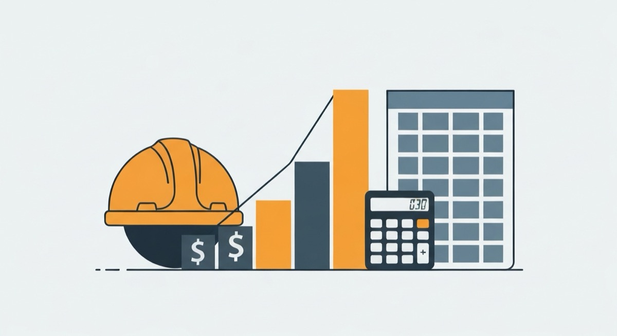 Flat minimalist illustration of a construction labor burden concept: an orange hard hat beside dollar-sign blocks, a rising stacked bar chart, a calculator, and a spreadsheet grid