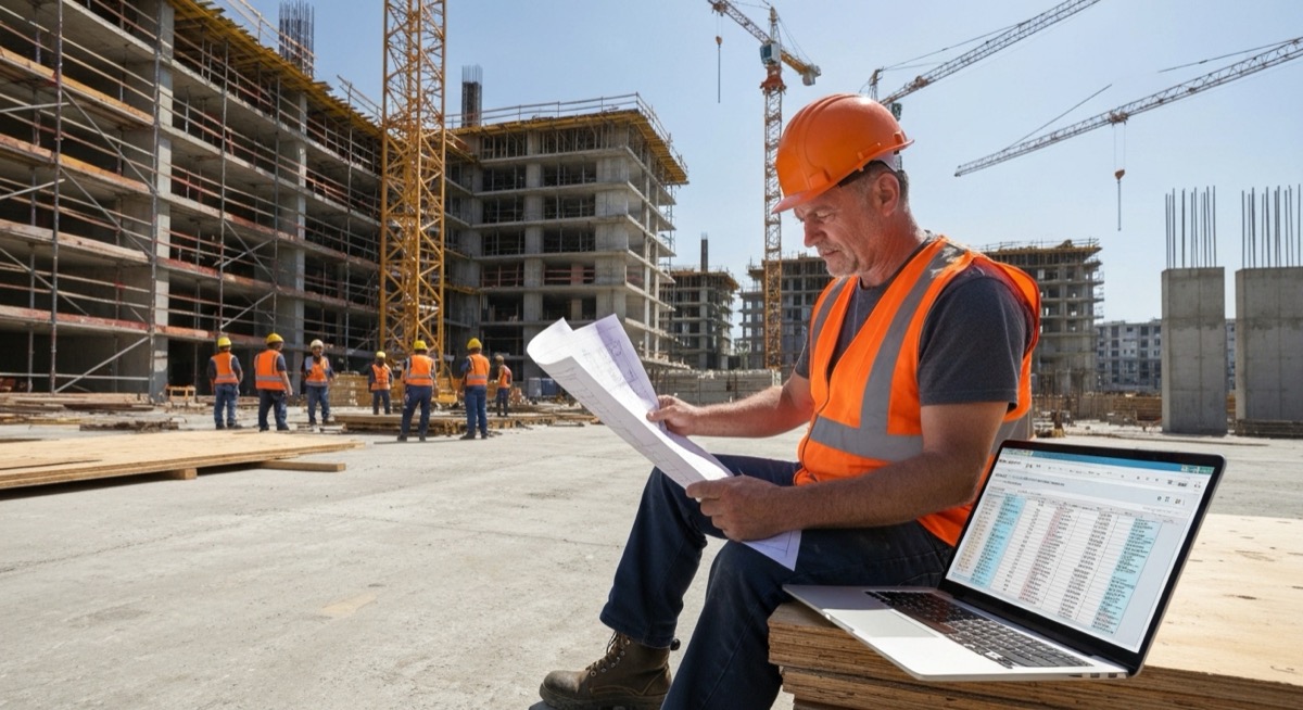 Construction professional using Excel spreadsheet to calculate labor costs and rates on construction site
