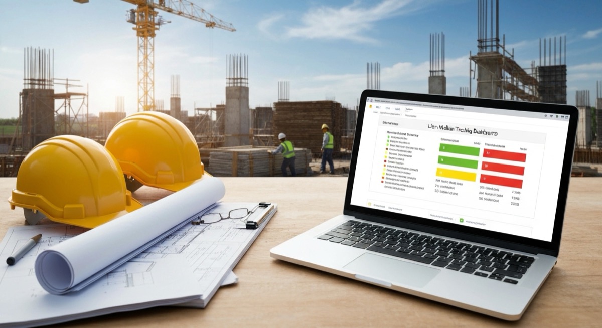 Construction lien waiver tracking Excel spreadsheet on laptop at construction site with blueprints and safety equipment