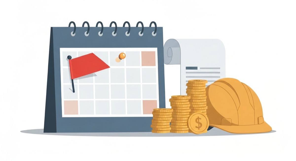 Flat illustration of a construction schedule calendar with a red deadline flag beside a rising stack of dollar coins, a contract scroll, and a hard hat