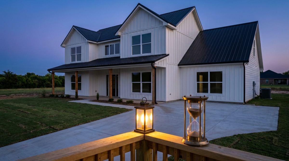 Newly finished white board-and-batten spec house with a black metal roof at dusk, fresh sod and an empty driveway, seen past a wooden deck railing holding a brass hourglass and a lit lantern