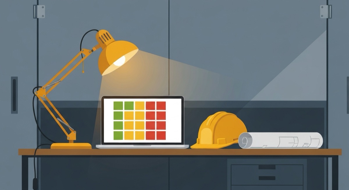 Construction job-site trailer desk with a laptop showing a color-coded look ahead schedule grid, hard hat, and rolled blueprints