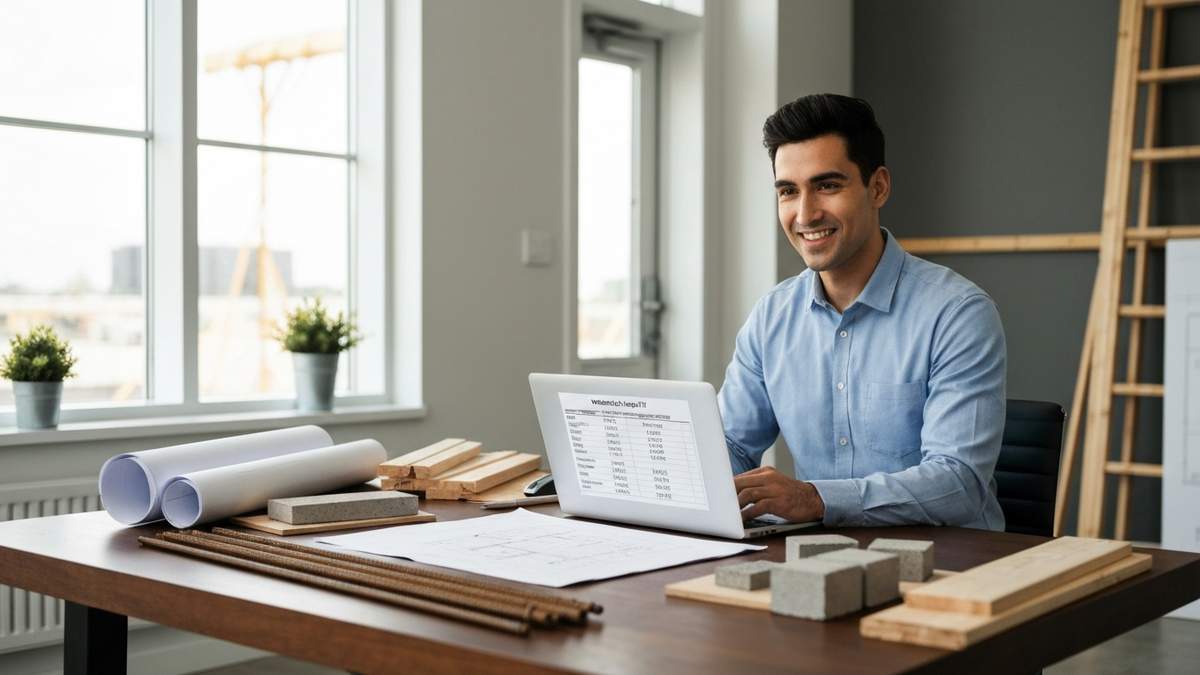 Construction project manager reviewing a detailed material takeoff spreadsheet on a laptop with blueprints and material samples on desk