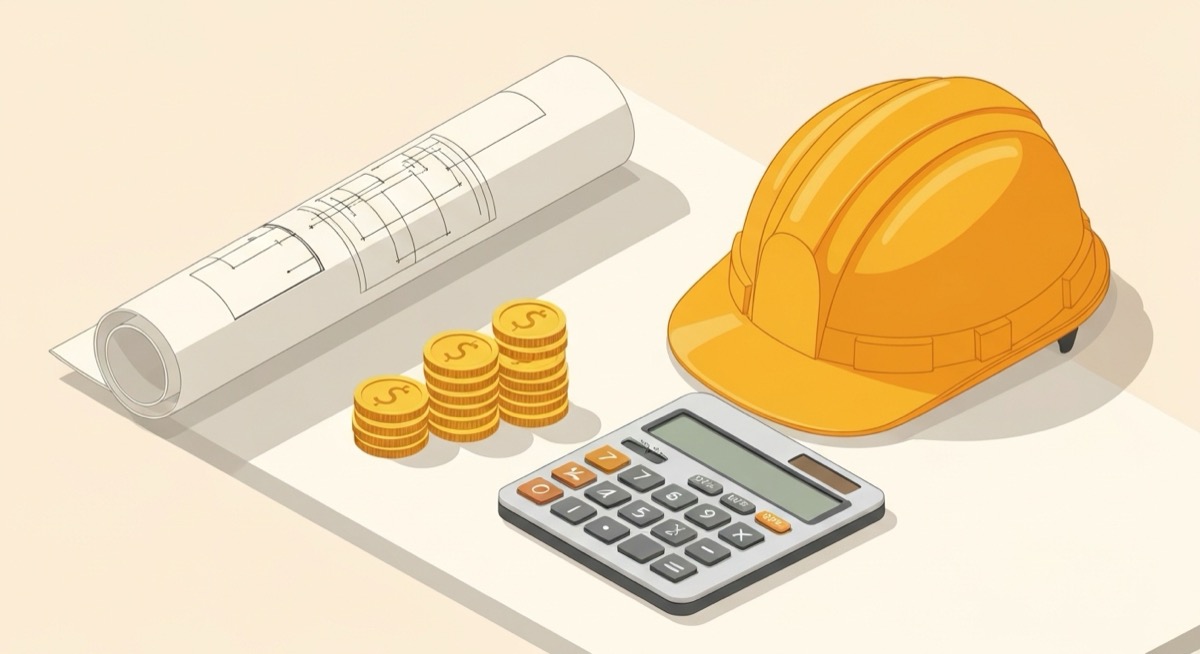 Isometric illustration of a blueprint roll, hard hat, calculator, and stacked coins on a contractor's desk