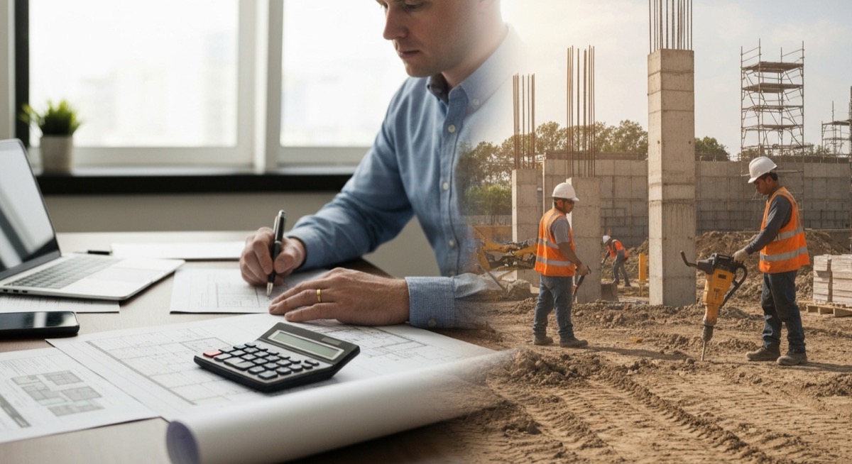Construction contractor calculating overhead percentages on laptop with construction site in background