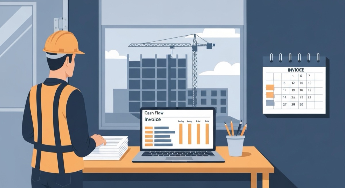 Flat illustration of a subcontractor foreman in a hard hat and vest at a job trailer desk reviewing a laptop that shows a cash flow spreadsheet with invoice bars marked pending and paid, a stack of pay applications and a payment calendar beside it, and a commercial building under construction with a crane through the window